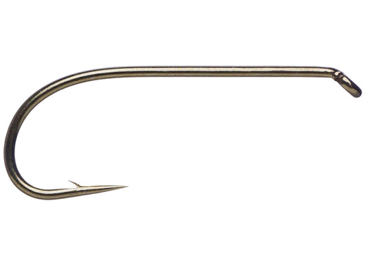 Wet fly hook in dark bronze with curved shank and pointed barb