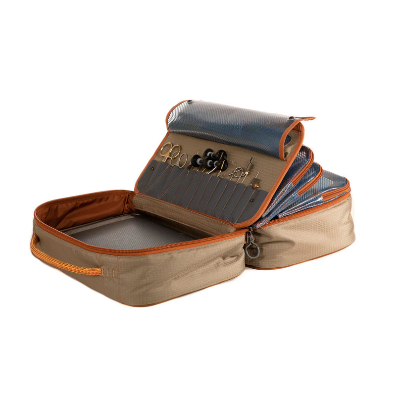 Load image into Gallery viewer, Fly tying kit case, open with rolled cover and tool compartment layout
