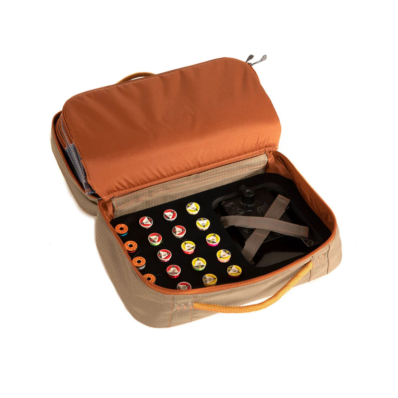 Load image into Gallery viewer, Fly tying kit organizer case with top flap open, showing colorful thread spools
