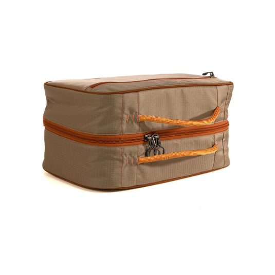 Fly tying kit storage bag with orange zipper, padded top, and compact shape