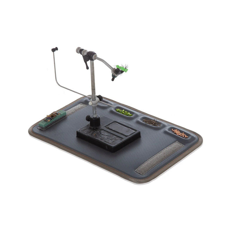 Load image into Gallery viewer, Fly tying kit clamp vise on blue-gray tying mat with attached tools
