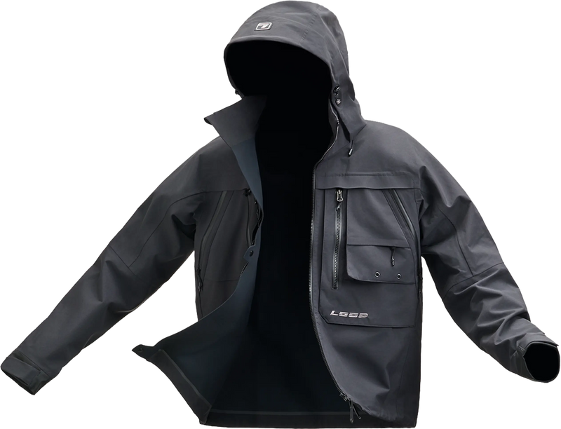 Load image into Gallery viewer, Dark hooded wading jacket with front zipper and chest pocket
