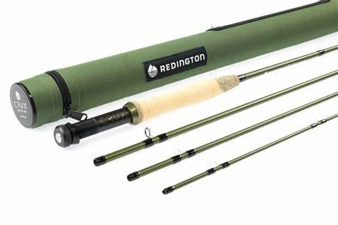 Fishing rod with green case, Redington logo, and beige cork grip