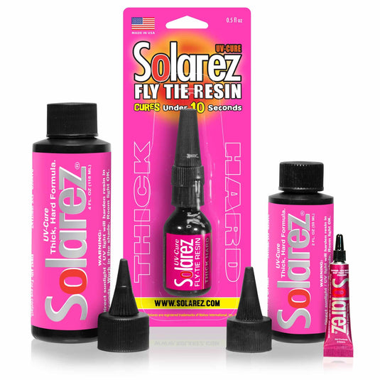 Thick-hard UV cure resin bottles and applicators, black caps; Solarez branding.