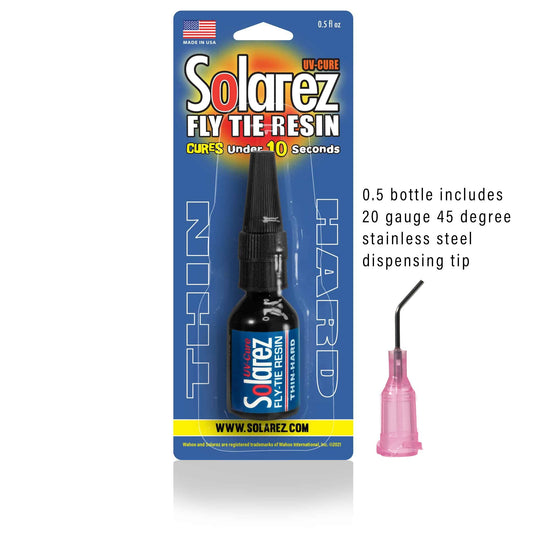 Solarez fly-tie resin blister pack with black 0.5 oz bottle and pink dispensing tip.