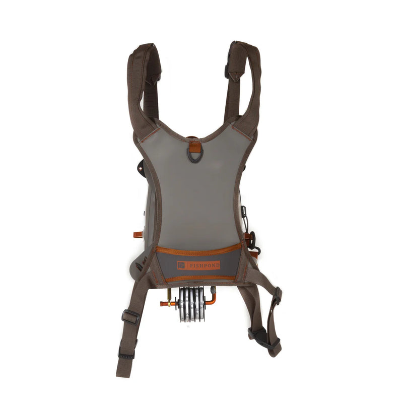 Load image into Gallery viewer, Submersible chest pack in gray with black straps, front pocket and orange zipper detail
