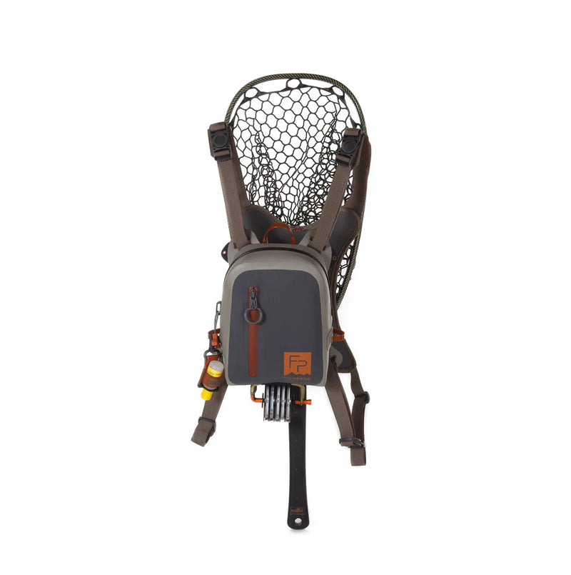 Load image into Gallery viewer, Submersible chest pack with front pouch and dangling rod holders, dark gray with orange
