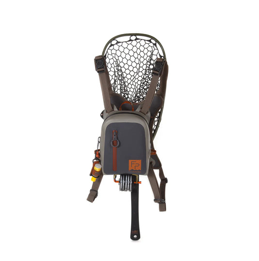 Submersible chest pack with front pouch and dangling rod holders, dark gray with orange