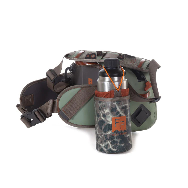 Load image into Gallery viewer, Camo submersible lumbar pack with front pouch, bottles in side pocket, and straps.
