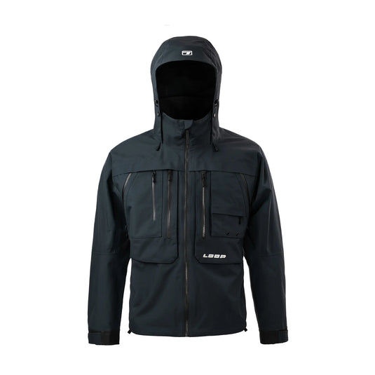 Dark hooded wading jacket with front zipper and two chest pockets