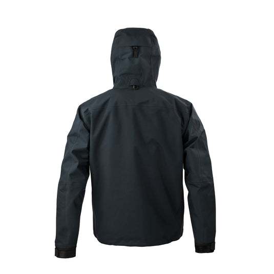 Dark hooded wading jacket back view with cuffed sleeves