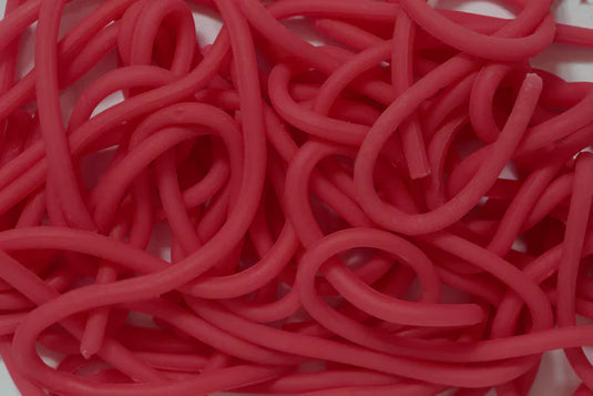 Red squirmy fishing lure loop strands, close-up