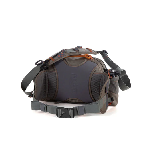 Fishing guide pack with gray main bag, front round pocket, adjustable shoulder strap