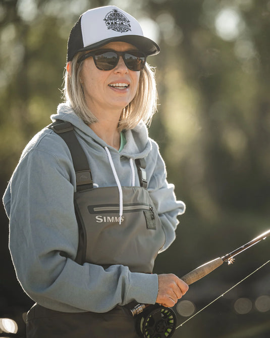 Women’s stockingfoot waders with front bib pocket and suspenders, dark olive