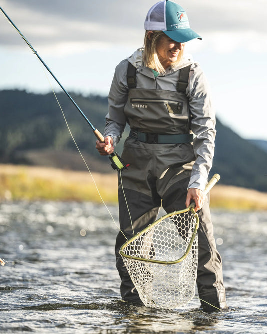 Women’s stockingfoot waders with chest pocket and suspenders, dark olive and black