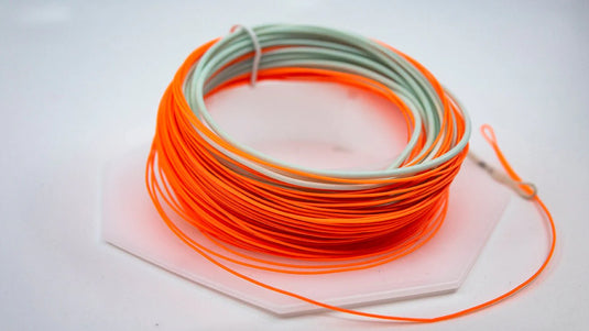 Coiled orange and gray fishing line, looped on a small tray